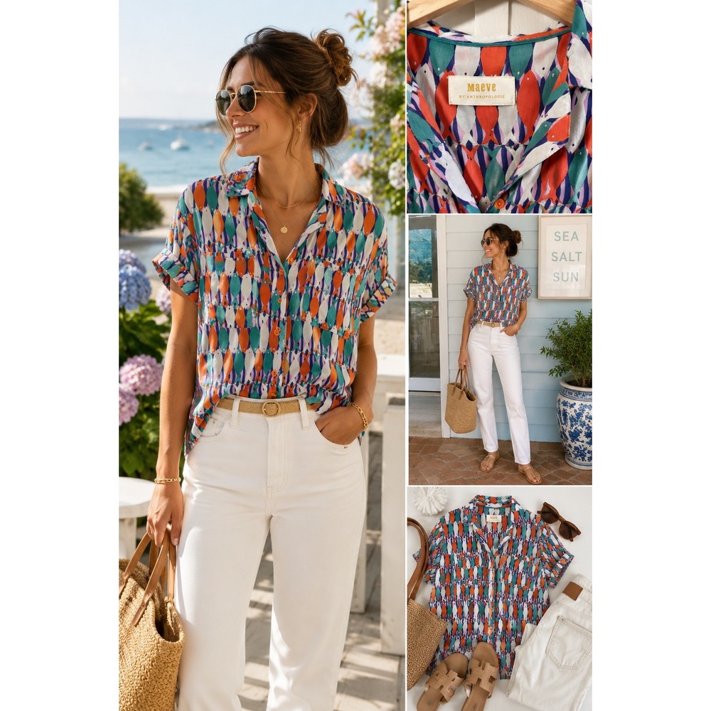 Maeve Anthropologie Fish Print Button Down Shirt‎ Womens XS Short Sleeve Viscose